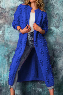 Luisa | Lange Damen Strickjacke im Norweger-Stil mit Pompons in Blau