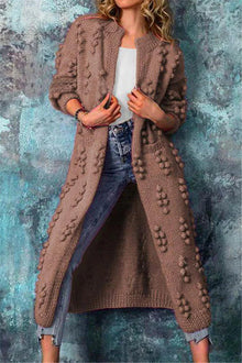 Luisa | Lange Damen Strickjacke im Norweger-Stil mit Pompons in Braun