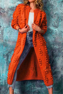 Luisa | Lange Damen Strickjacke im Norweger-Stil mit Pompons in Orange