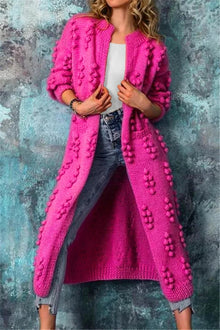 Luisa | Lange Damen Strickjacke im Norweger-Stil mit Pompons in Rosa