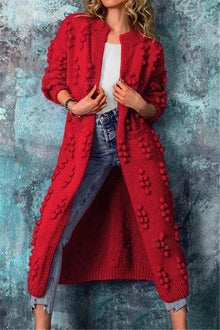 Luisa | Lange Damen Strickjacke im Norweger-Stil mit Pompons in Rot