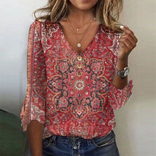 Damen V Ausschnitt Muster Boho Bluse in Rot