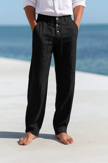 Herren Leinen Slim Fit Sommer Hose in Schwarz