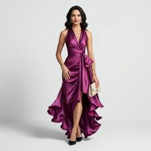 Maxi Wickelkleid mit Vokuhila Schnitt und Bindegürtel aus Satin in Lila