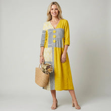 Midikleid in A-Linie mit 3/4-Arm und V-Ausschnitt in Gelb