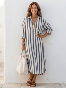 Naomi™ - Gestreiftes Langarm-Hemdblusenkleid in Blau