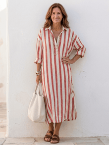 Naomi™ - Gestreiftes Langarm-Hemdblusenkleid in Rot