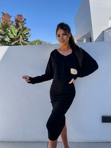 Damen Sommer V-Ausschnitt Zweiteiler Midikleid in Schwarz