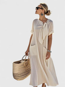 Damen Kurze Ärmel Taschen Sommer Midikleid in Beige