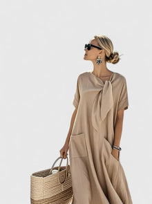 Damen Kurze Ärmel Taschen Sommer Midikleid in Khaki