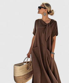 Damen Kurze Ärmel Taschen Sommer Midikleid in Braun