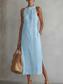 Devindi - Midi Kleid Aus Leinen Mit Stehkragen in Blau