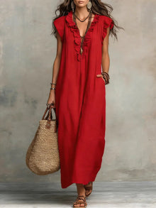 Uanavi - Langes Kleid Im Bohemian Stil Aus Leinen in Rot