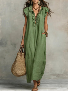 Uanavi - Langes Kleid Im Bohemian Stil Aus Leinen in Grün