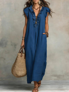 Uanavi - Langes Kleid Im Bohemian Stil Aus Leinen in Blau