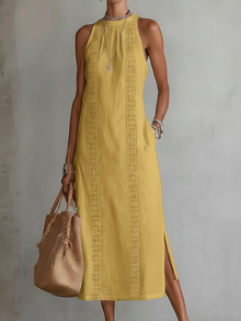 Devindi - Midi Kleid Aus Leinen Mit Stehkragen in Gelb