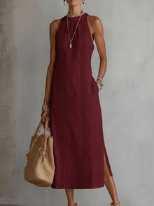 Devindi - Midi Kleid Aus Leinen Mit Stehkragen in Burgund