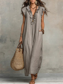 Uanavi - Langes Kleid Im Bohemian Stil Aus Leinen in Grau