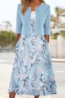 Damen Sommer Blumig Zweiteiler Midikleid Set in Blumenblau
