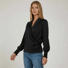 Damen Bluse mit Drapiertem V Ausschnitt und Elastischen Manschetten in Schwarz