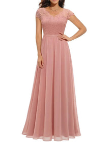 Julia | Damen Maxi Hochzeitsgastekleid aus Spitze in Rosa