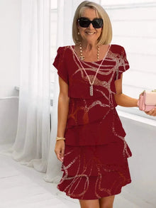 Rosie™ - Blumen Tiered Chiffon Kleid in Dunkelrot