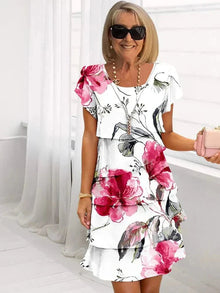 Rosie™ - Blumen Tiered Chiffon Kleid in Weiß Pink