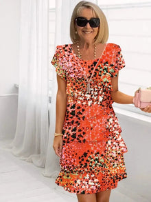 Rosie™ - Blumen Tiered Chiffon Kleid in Orange Rot