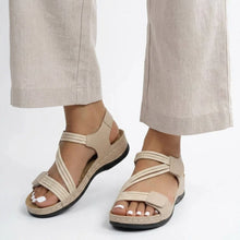 Sandaletten für Damen in flacher Form mit Riemchen und Klettverschluss in Beige