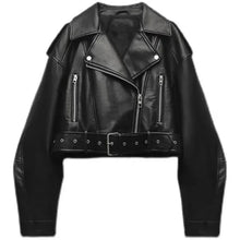 Damen Cropped Biker Lederjacke in Schwarz