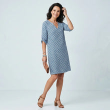 Sommerkleid für Damen im Etui Stil mit 3/4 Arm und V-Ausschnitt in Blau