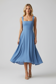 Antonia – Damenkleid mit Blumenmuster und ausgestelltem Rockteil in Blau