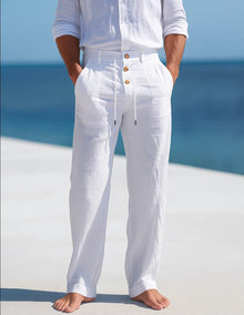 Herren Leinen Slim Fit Sommer Hose in Weiß