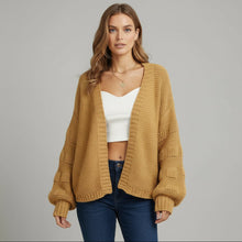 Strickjacke für Damen mit Puffärmeln und offenem Design in Gelb