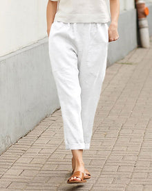 Helena | Damen Sommer Leinenhose mit lockerem Schnitt und elastischem Bund in Weiß