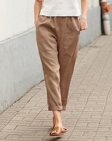 Helena | Damen Sommer Leinenhose mit lockerem Schnitt und elastischem Bund in Khaki