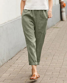 Helena | Damen Sommer Leinenhose mit lockerem Schnitt und elastischem Bund in Grün
