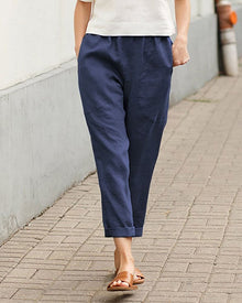 Helena | Damen Sommer Leinenhose mit lockerem Schnitt und elastischem Bund in Dunkelblau