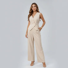 Sommer Zweiteiler für Damen mit weiter Hose und Weste im eleganten Stil in Beige
