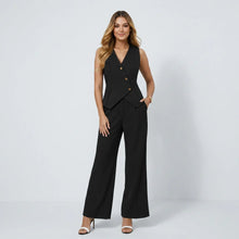 Sommer Zweiteiler für Damen mit weiter Hose und Weste im eleganten Stil in Schwarz