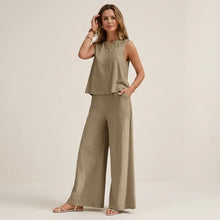 Zweiteiler für Damen aus Leinen mit weiter Hose und ärmellosem Top in Taupe
