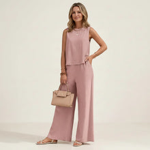 Zweiteiler für Damen aus Leinen mit weiter Hose und ärmellosem Top in Rosa