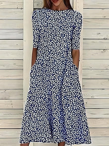 Damen Sommer Print Lockerer Schnitt Midikleid in Dunkelblau